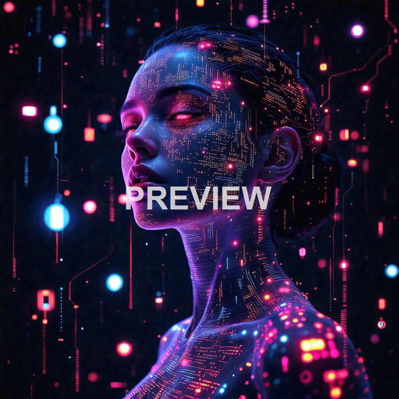 A futuristic digital artwork of a woman's face and upper body with glowing circuit-like patterns and neon lights, giving a cybernetic and high-tech appearance.